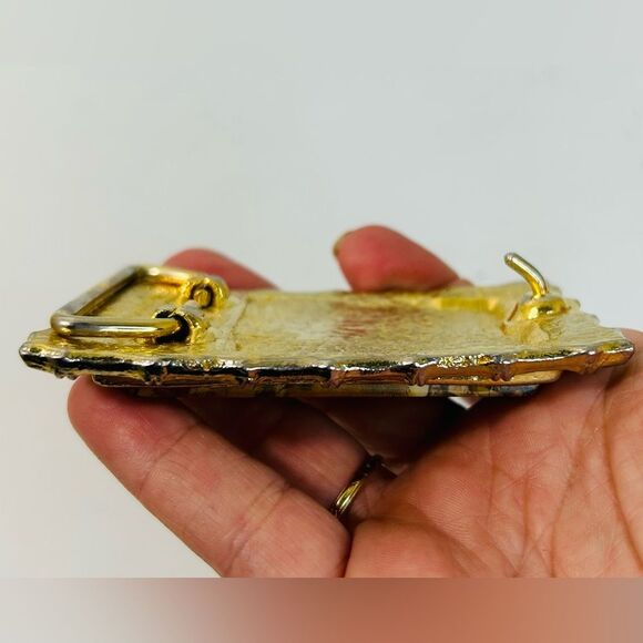 1970s Kenneth Reid Mixed Wood Inlay and Howlite Solid Brass Handmade Belt Buckle - Picture 13 of 13